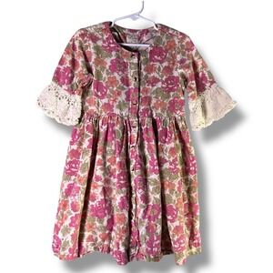 Utsa Kids Girls Sz 5-6 Years Dress Floral Print Lace Bell Sleeve Button Front